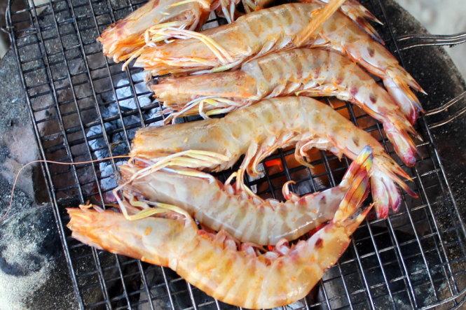 Tôm bắt được từ vùng biển Dung Quất, Sa Cần dưới lửa than hồng Khe Hai - Ảnh: VÕ QUÝ CẦU