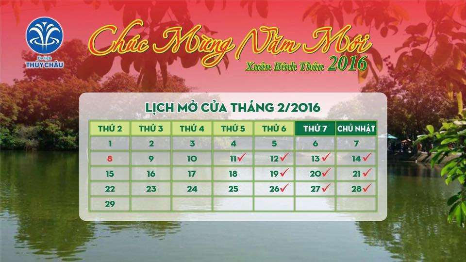 Lịch mở cửa tháng 2/2016. Ảnh: Facebook Du Lịch Sinh Thái Thủy Châu