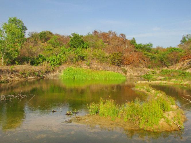 Một hồ nước nhỏ nằm dưới chân đồi cát ven biển Cửa Lấp, đụn cát trong hồ có hình dáng bản đồ Việt Nam - Ảnh: Nguyễn Thiên Đăng