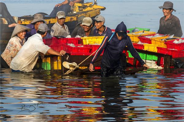 Lao động vất vả là thế nhưng nụ cười hồn hậu vẫn nở trên môi những người dân làm việc tại cảng cá. (Ảnh: Nguyễn Vũ Phước)