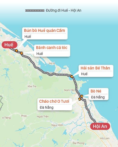 Điểm dừng trên đường từ Huế đi Hội An. Đồ họa: Tạ Lư.