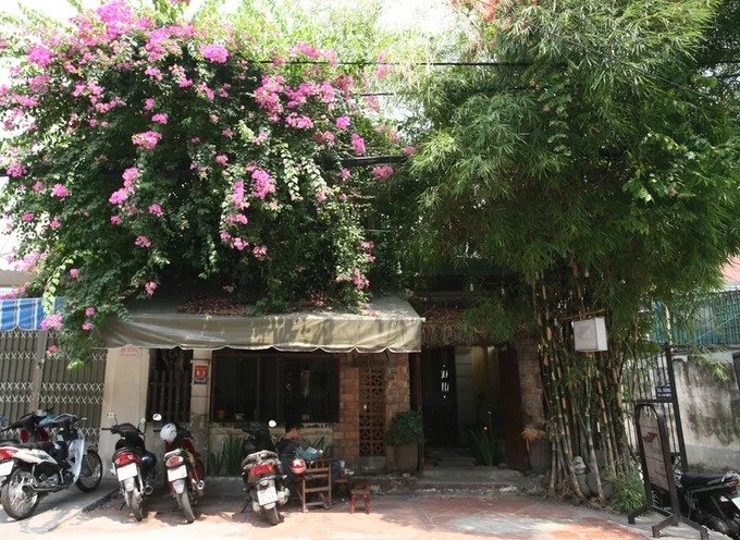 Quán cà phê nằm trên đường Nguyễn An Ninh, quận Bình Thạnh, không ấn tượng bởi mặt tiền hay biển hiệu như thường thấy, nhưng dễ nhận ra bởi một cây hoa giấy và bụi tre tươi tốt phủ bên trên. Cổng vào quán có kích thước khiêm tốn với mái lá và gạch mộc. Lối vào là những viên đá xếp ngẫu hứng với hai hàng cây xanh. Khoảng sân nhỏ luôn mát nhờ cây hoa giấy và bụi tre che phía trên.