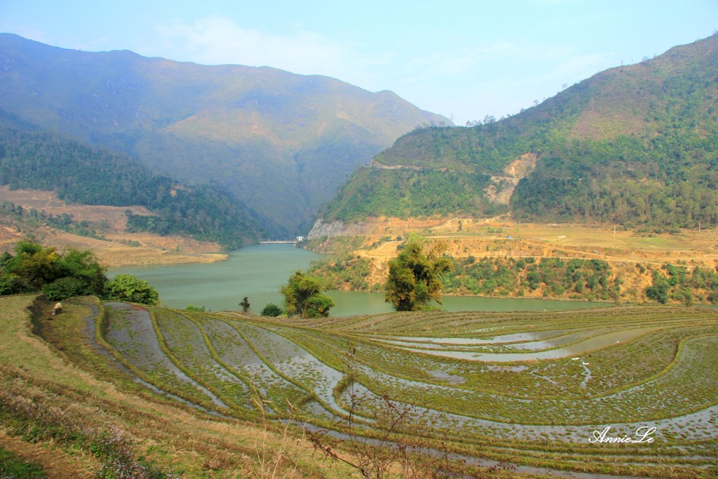 Từ Sapa, bạn đi theo đường Thác Bạc về hướng Ô Quy Hồ, rẽ phải theo đường vào Bản Khoang, qua Mường Hum rồi đến Y Tý. Bạn sẽ mất khoảng 3 đến 4 tiếng chạy xe máy cho cung đường chỉ 80 km này, vì đường khá dốc và hẹp. Trong hình là đ ường qua Mường Hum, với những thửa ruộng bậc thang và hồ thủy điện xanh ngắt.
